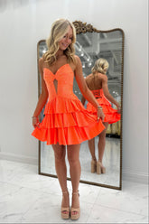 Coral sweetheart rhinestone A-line homecoming dress