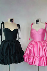 Sweetheart Tie Shoulder Straps Satin Structured Boned Corset Open Back Tiered Ruffle Hem Flared A-Line Short Homecoming Dress