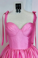 Sweetheart Tie Shoulder Straps Satin Structured Boned Corset Open Back Tiered Ruffle Hem Flared A-Line Short Homecoming Dress
