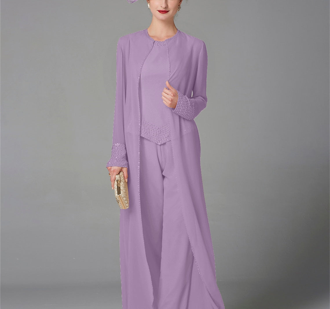 Chiffon Long Sleeves Mother Of The Bride Pantsuits With Jacket Sequins