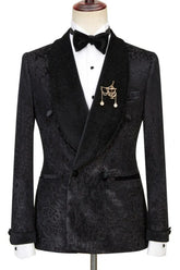Tailored Black Jacquard Double-Breasted Wedding Suit with Velvet Shawl Lapel