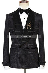 Tailored Black Jacquard Double-Breasted Wedding Suit with Velvet Shawl Lapel
