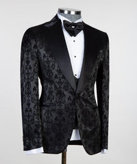 Tailored Black Jacquard Peaked Lapel Three-Piece Men’s Suit