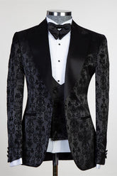 Tailored Black Jacquard Peaked Lapel Three-Piece Men’s Suit