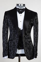 Tailored Black Jacquard Peaked Lapel Three-Piece Men’s Suit
