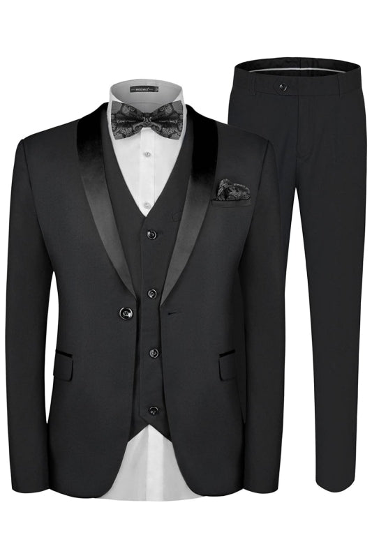 Tailored Black Three-Piece Shawl Collar Wedding Attire for Men