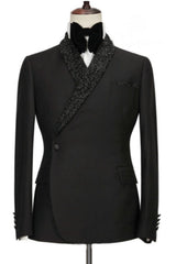 Tailored Black Two-Piece Wedding Suit with Sequins and Shawl Lapel