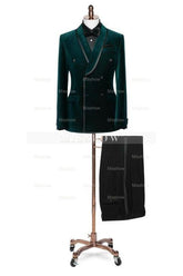 Tailored Dark Green Shawl Lapel Double-Breasted Velvet Suit