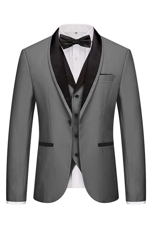 Tailored Gray Three-Piece Shawl Collar Wedding Suit