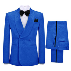 Tailored Royal Blue Jacquard Shawl Collar Double Breasted Groom's Suit
