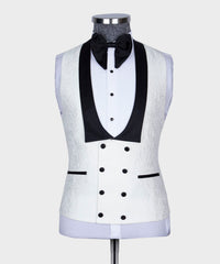 Tailored White Jacquard Three-Piece Suit with Black Shawl Lapel