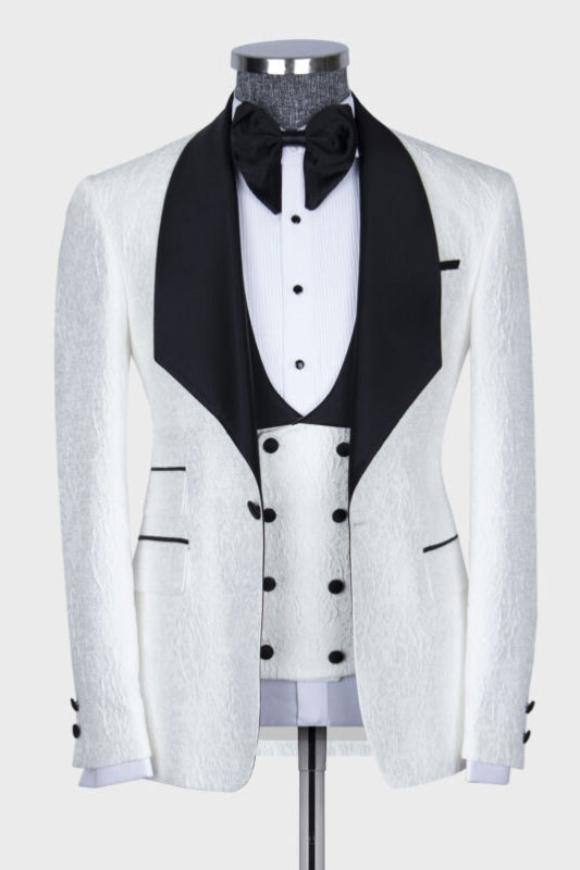 Tailored White Jacquard Three-Piece Suit with Black Shawl Lapel