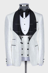 Tailored White Jacquard Three-Piece Suit with Black Shawl Lapel