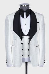 Tailored White Jacquard Three-Piece Suit with Black Shawl Lapel