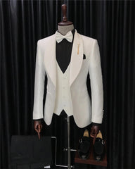 Tailored White Three-Piece Suit with Shawl Lapel Jacquard for Men's Nuptials