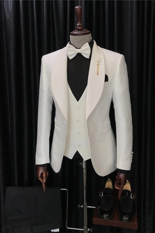 Tailored White Three-Piece Suit with Shawl Lapel Jacquard for Men's Nuptials