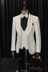 Tailored White Three-Piece Suit with Shawl Lapel Jacquard for Men's Nuptials