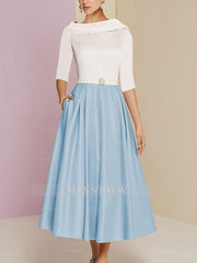 Tea-Length Mother of the Bride A-Line Dress with Jewel Neckline Half Sleeves Pleats and Pockets