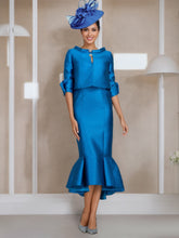 Tea-Length Mother of the Bride Dresses with Buttons Jewel Neck and Half Sleeves in Mermaid/Trumpet Style