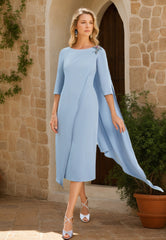 Tea-Length Mother of the Bride Dresses with Cape & Jewel Appliques Half Sleeves and Sheath/Column Neckline