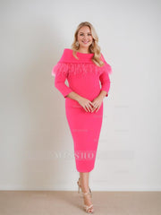 Tea-Length Sheath/Column Mother of the Bride Dress with 3/4 Sleeves and Feather