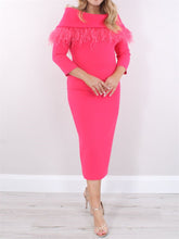 Tea-Length Sheath/Column Mother of the Bride Dress with 3/4 Sleeves and Feather