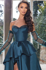 Teal Rhinestone Sweetheart Detachable Long Sleeve Satin Peplum A-Line Formal Gown