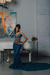 Teal Blue Sequin Mermaid Prom Dress V Neck Sheer Corset Crystal Fringe 3D Feather Detail Evening Gown with Sweep Train