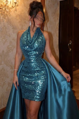 Teal halter sequin column evening dress