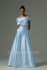 Light blue off-the-shoulder ruffled A-line evening dress
