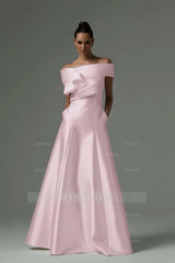 Pink off-the-shoulder ruffled A-line evening dress