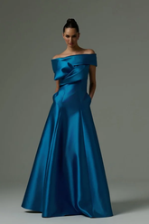 Teal Off-the-Shoulder Sleeveless A-Line Ruffled Floor Length Formal Evening Dress