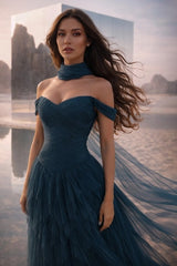 Teal Off-the-Shoulder Sweetheart Sleeveless A-Line Tulle Ruffled Floor Length Evening Gown