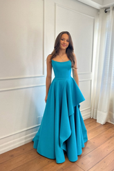 Teal Rhinestone Strapless Sleeveless A-Line Satin Ruffled Floor Length Formal Evening Gown