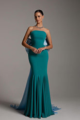Teal Rhinestone Strapless Sleeveless Bow Mermaid Satin Floor Length Formal Evening Gown
