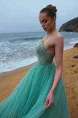 Teal Rhinestone Strapless Sweetheart Beaded A-line Tulle Floor Length Formal Evening Gown