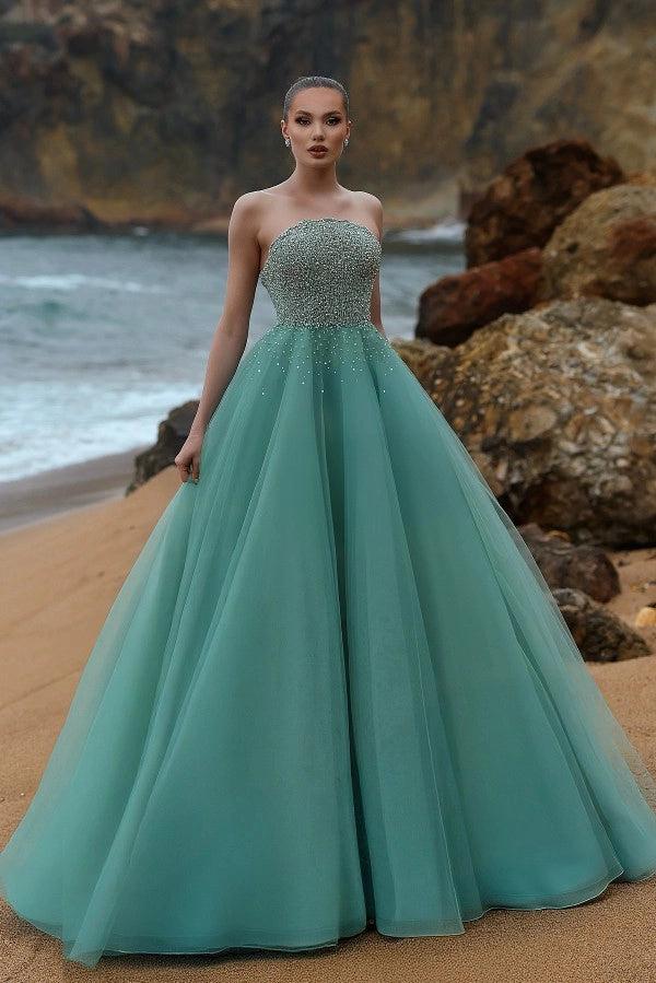 Teal Rhinestone Strapless Sweetheart Beaded A-line Tulle Floor Length Formal Evening Gown