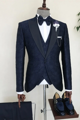 Three-Piece Dark Navy Jacquard Peak Lapel Party Suit for Men