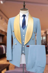 Three-Piece Light Blue Bespoke Wedding Attire With Satin Lapel