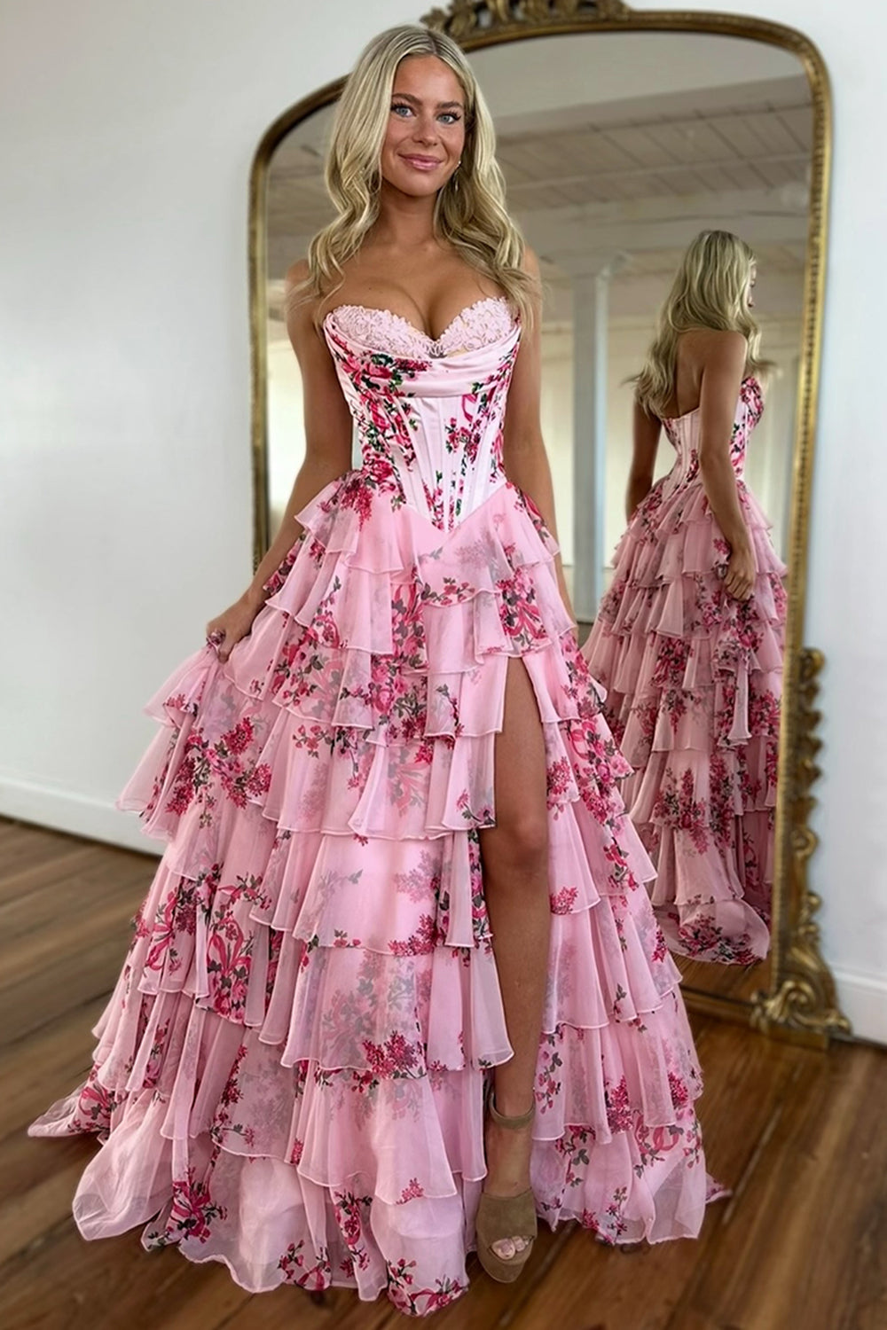 Tiered Blush Chiffon Corset Prom Dress with Floral A-Line and Slit misshow.com Tiered Blush Chiffon Corset Prom Dress with Floral A-Line and Slit misshow.com