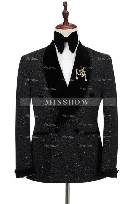 Timeless Black Sequined Double Breasted Wedding Suit With Velvet Shawl Collar