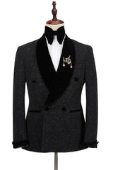Timeless Black Sequined Double Breasted Wedding Suit With Velvet Shawl Collar