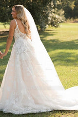 Timeless Ivory Square Neck Sleeveless A-Line Wedding Dress with Appliques and Chapel Train