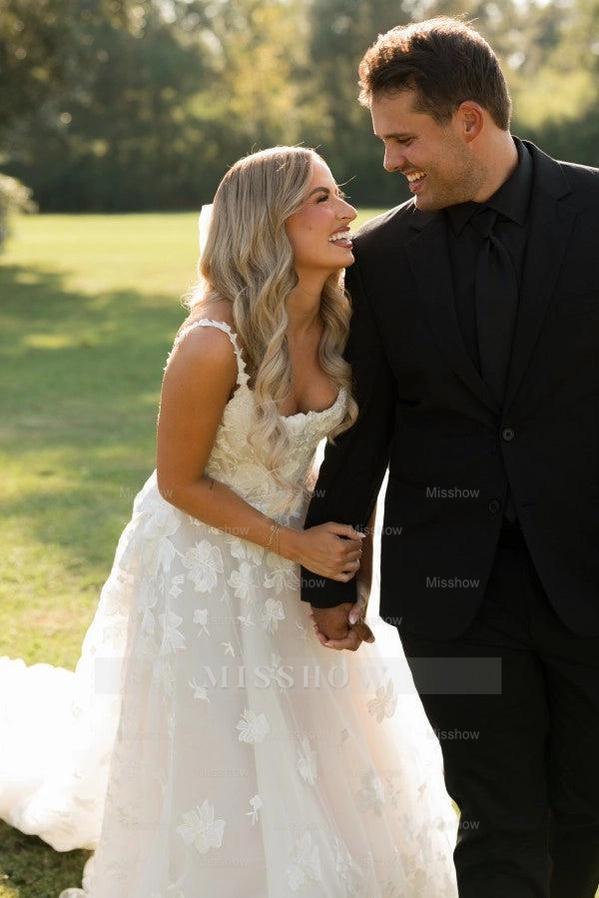 Timeless Ivory Square Neck Sleeveless A-Line Wedding Dress with Appliques and Chapel Train