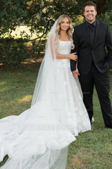 Timeless Ivory Square Neck Sleeveless A-Line Wedding Dress with Appliques and Chapel Train