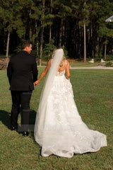 Timeless Ivory Square Neck Sleeveless A-Line Wedding Dress with Appliques and Chapel Train