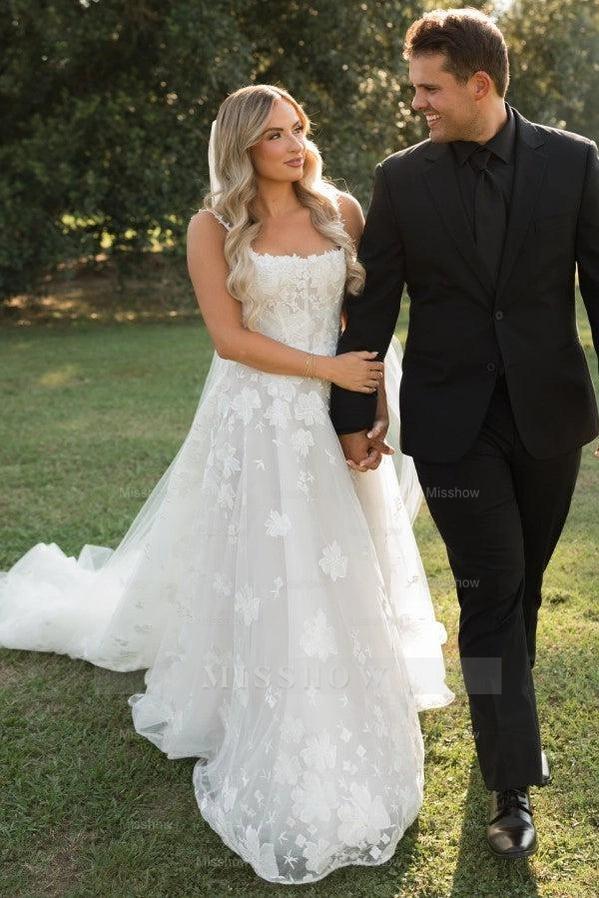 Timeless Ivory Square Neck Sleeveless A-Line Wedding Dress with Appliques and Chapel Train