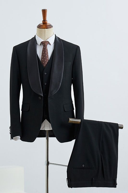 Traditional All Black Three Pieces Slim Fit Groom’s Wedding Suit