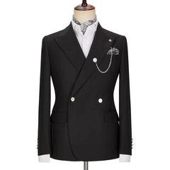 Traditional Black Peak Lapel Double Breasted Prom Suit