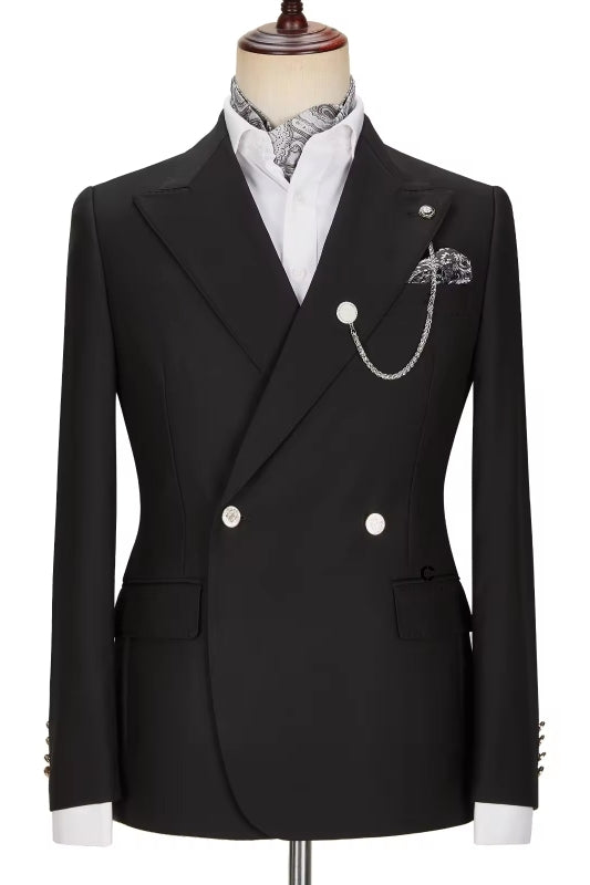 Traditional Black Peak Lapel Double Breasted Prom Suit
